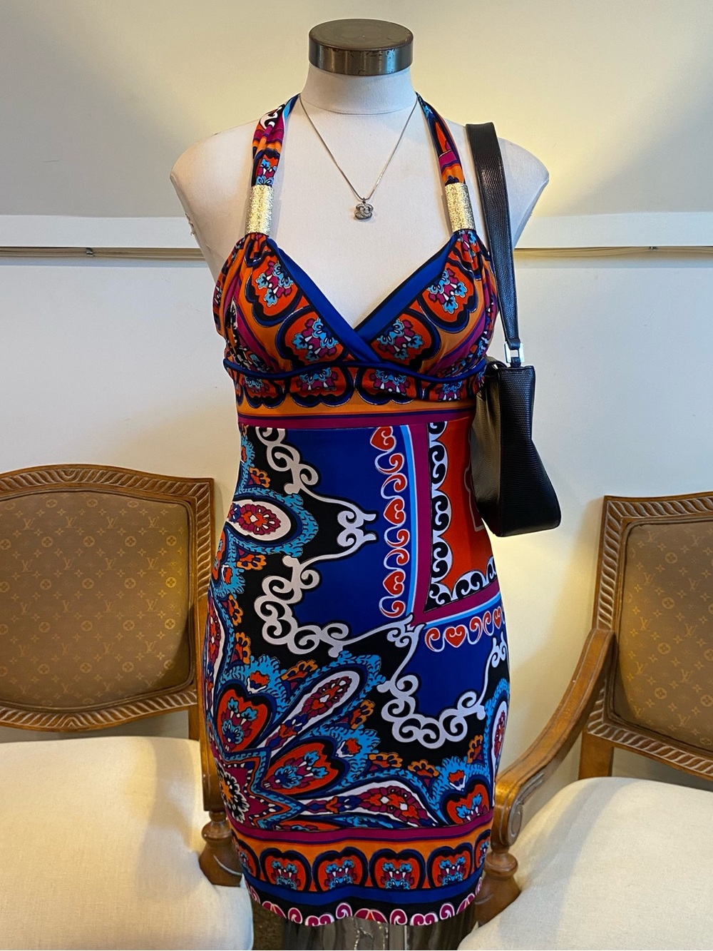 Vintage Cache Vibrant Multicolor Halter Bodycon Mini Dress XS Boho Resortwear